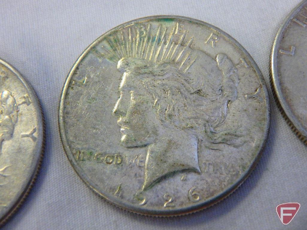 (3) 1926 S Peace silver dollars, avg. circulated condition