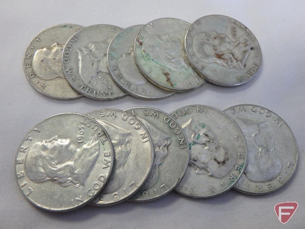 (10) Circulated various date Franklin half dollars, avg. circulated condition