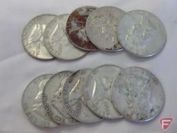 (10) Circulated various date Franklin half dollars, avg. circulated condition