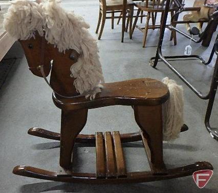 Wood rocking horse, some scratches, and childs wood/upholstered rocking chair with cushion, Both