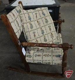 Wood rocking horse, some scratches, and childs wood/upholstered rocking chair with cushion, Both