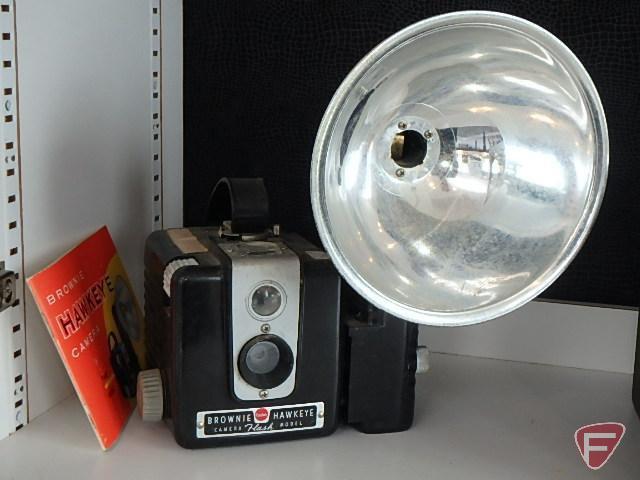Vintage cameras, Kodak Brownie Hawkeye with Kodalite flashholder and manual,