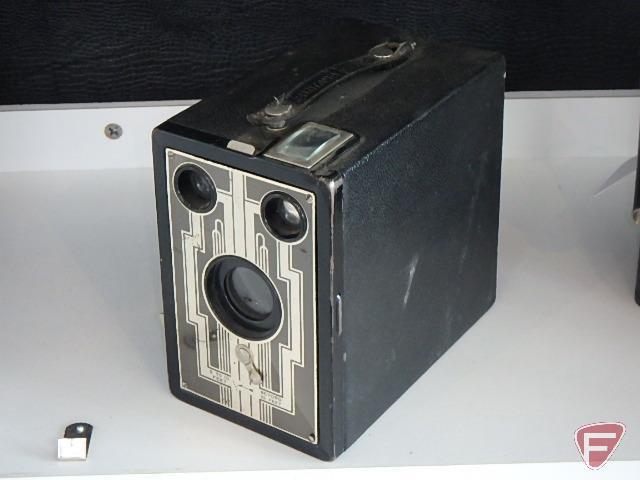 Vintage cameras, Kodak Brownie Hawkeye with Kodalite flashholder and manual,