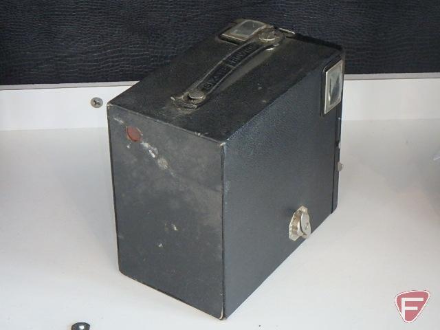 Vintage cameras, Kodak Brownie Hawkeye with Kodalite flashholder and manual,