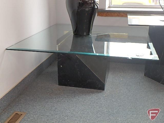 (2) end tables 22inHx28inx28in and (1) coffee table 16inHx39inx39in, glass top,