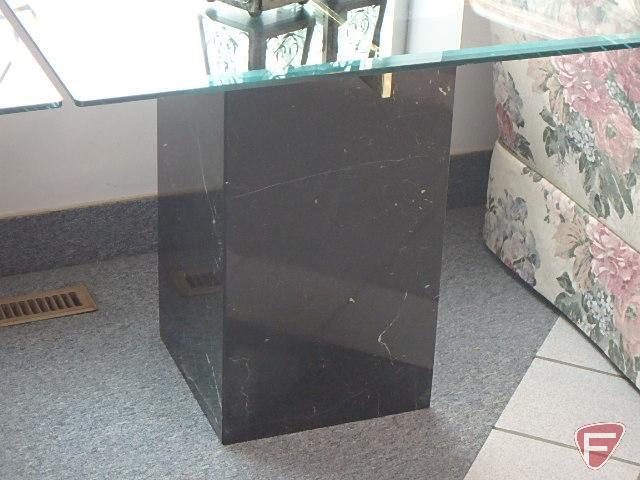 (2) end tables 22inHx28inx28in and (1) coffee table 16inHx39inx39in, glass top,