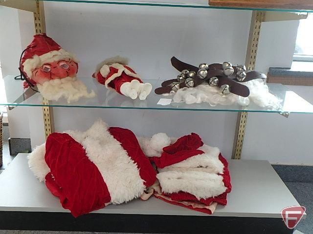 (2) Vintage Santa suits, one with mask, beards, sleigh bells on leather straps and