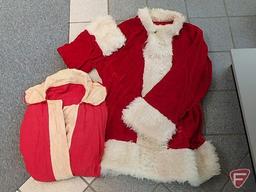 (2) Vintage Santa suits, one with mask, beards, sleigh bells on leather straps and