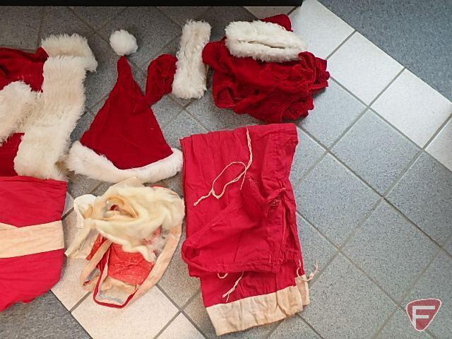 (2) Vintage Santa suits, one with mask, beards, sleigh bells on leather straps and