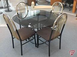 Glass top 45in square table with rounded corners and (4) metal upholstered chairs,