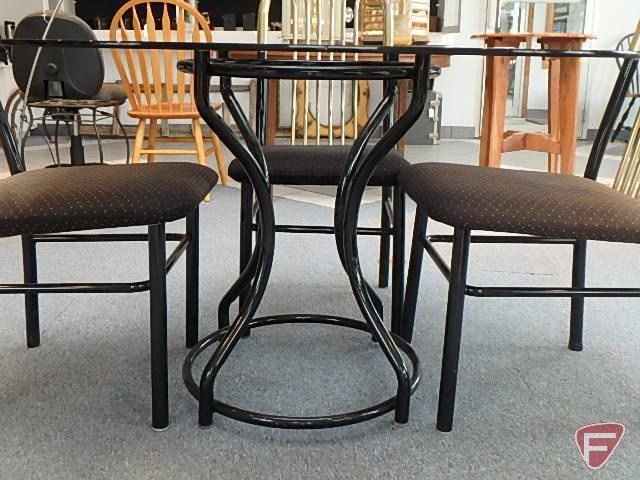 Glass top 45in square table with rounded corners and (4) metal upholstered chairs,