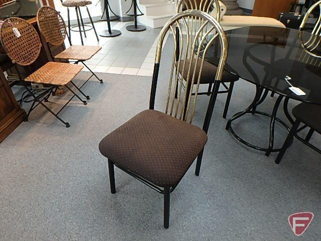 Glass top 45in square table with rounded corners and (4) metal upholstered chairs,