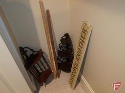 (2) wood hanging corner shelves, not matching, Love One Another wall sign, (2) yard sticks