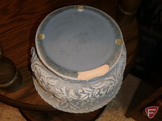 Round wood 3 shelf table 31inH, China trader covered urn and plate, ceramic planter with chip,