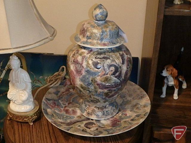 Round wood 3 shelf table 31inH, China trader covered urn and plate, ceramic planter with chip,