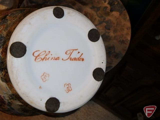 Round wood 3 shelf table 31inH, China trader covered urn and plate, ceramic planter with chip,