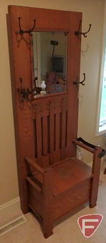 Wood hall tree/bench with metal hooks, mirror and storage, 77inHx29inWx16inD