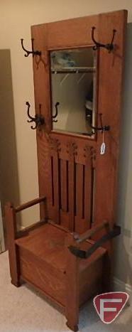 Wood hall tree/bench with metal hooks, mirror and storage, 77inHx29inWx16inD