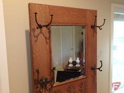 Wood hall tree/bench with metal hooks, mirror and storage, 77inHx29inWx16inD