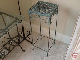 Metal/glass, (2) metal plant stands, metal magazine rack with glass top, and floor candle lamp,