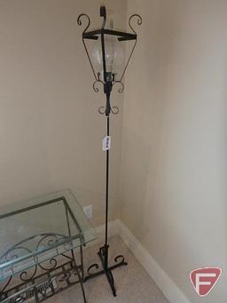 Metal/glass, (2) metal plant stands, metal magazine rack with glass top, and floor candle lamp,