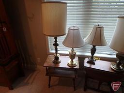 (4) table lamps and (2) wood side/end tables, one with is drop leaf, All 6 pieces