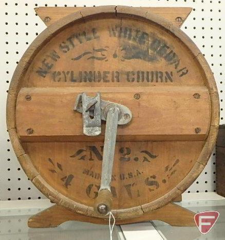 New Style White Cedar No. 2 cylinder butter churn, 4 gallon capacity