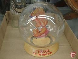 Change for the new baby glass coin bank and (2) other glass coin banks