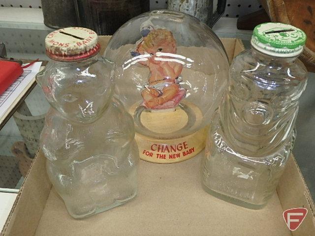 Change for the new baby glass coin bank and (2) other glass coin banks