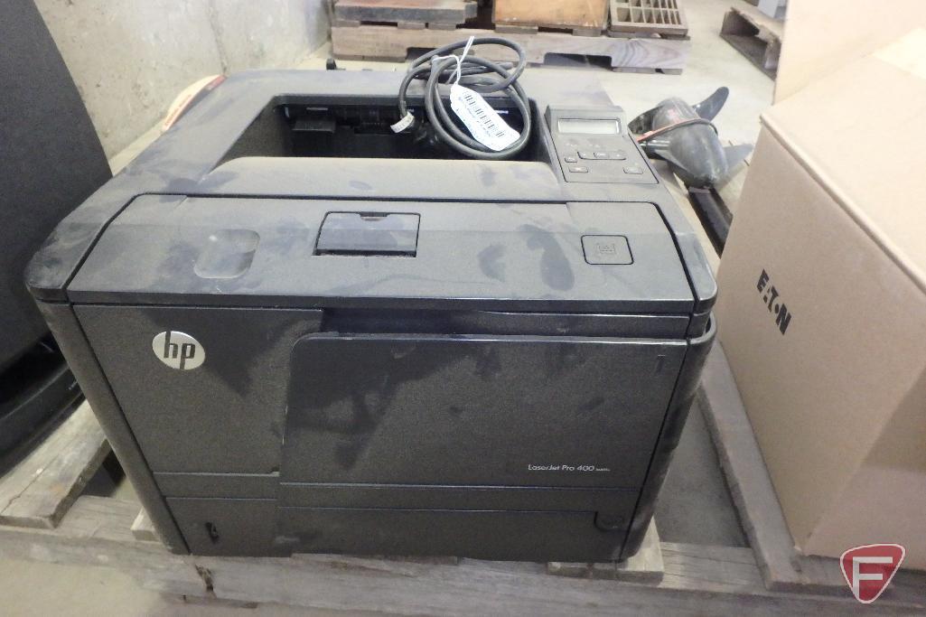 Awia speakers, HP/Hewlett Packard Pro400 laserjet printer, and Belkin electronic cables