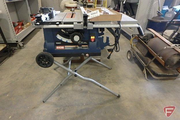 Ryobi RTS31 10" table saw with wheeled stand, fence, miter gauge, blade guards