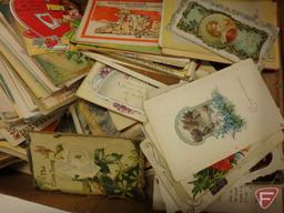 Box of vintage post cards and registry bills from early 1900s, approx. 250