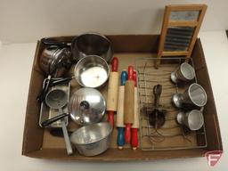 Vintage toy pots and pans, washboard, beater, rolling pins, cups, candle mold, coffee pots, mixer