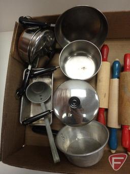 Vintage toy pots and pans, washboard, beater, rolling pins, cups, candle mold, coffee pots, mixer