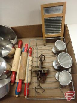 Vintage toy pots and pans, washboard, beater, rolling pins, cups, candle mold, coffee pots, mixer