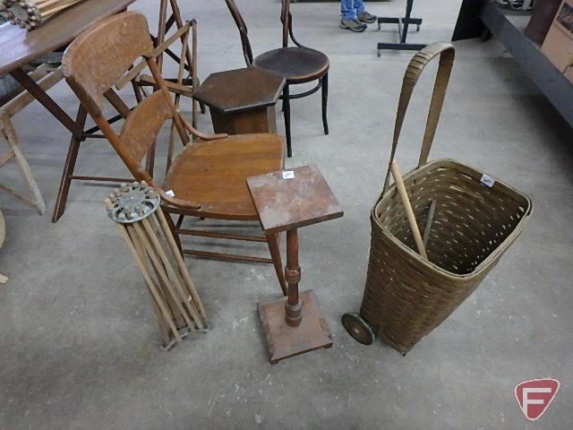 Wood and wicker items, ironing board, collapsible drying racks, one needs repair, ironing board