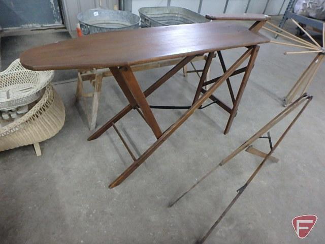 Wood and wicker items, ironing board, collapsible drying racks, one needs repair, ironing board