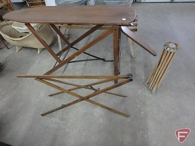 Wood and wicker items, ironing board, collapsible drying racks, one needs repair, ironing board