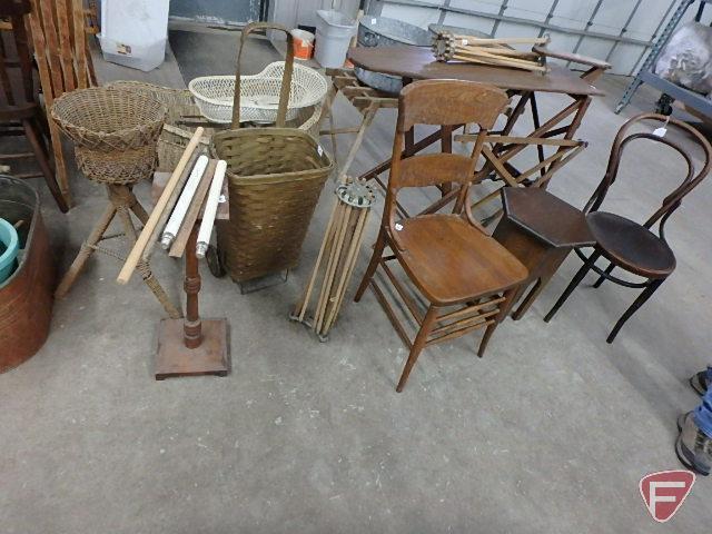 Wood and wicker items, ironing board, collapsible drying racks, one needs repair, ironing board