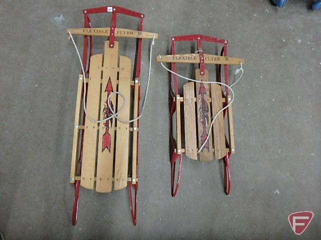 (2) Flexible Flyer III wood sleds with metal frames/runners, 38inL and 50inL, Both