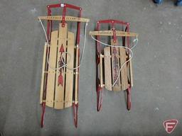 (2) Flexible Flyer III wood sleds with metal frames/runners, 38inL and 50inL, Both