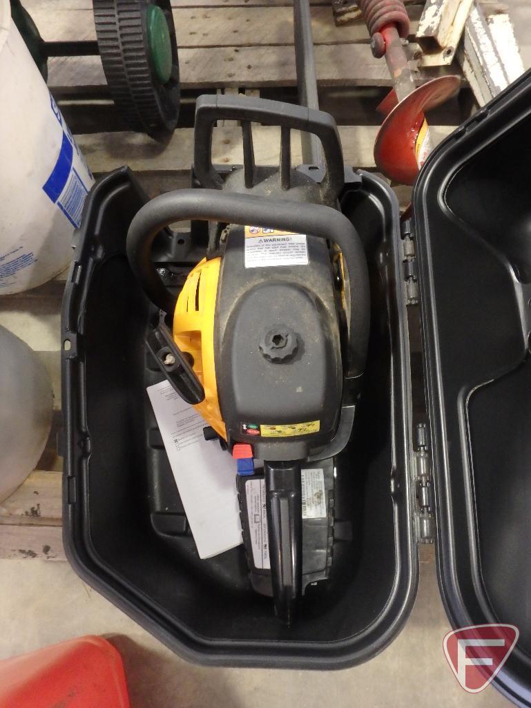 Poulan Pro 20" 50cc gas chainsaw with case, manual, and gas can