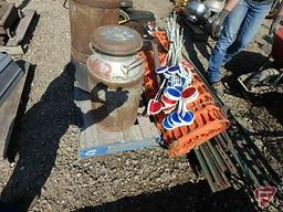 Driveway reflectors, tractor seat, (2) milk cans with lids, 48in snow fence, 72in steel fence posts