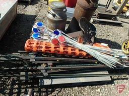 Driveway reflectors, tractor seat, (2) milk cans with lids, 48in snow fence, 72in steel fence posts