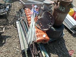 Driveway reflectors, tractor seat, (2) milk cans with lids, 48in snow fence, 72in steel fence posts