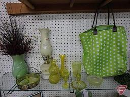 Green themed items, vintage electric table lamp, vases, candle holders, platters, bottles, fabric,