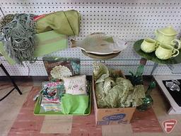 Green themed items, vintage electric table lamp, vases, candle holders, platters, bottles, fabric,
