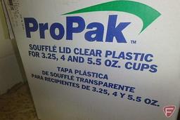 ProPak plastic souffle cup lids, asst. sizes and Solo RSW7Z wrapped white plastic fork, knife,