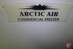 Arctic Air commercial chest freezer, on rollers, dent in lid does not prevent lid from closing