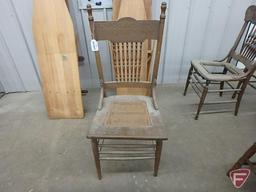 (6) wood chairs, not matching, need cleaning and one needs seat repair, All 6